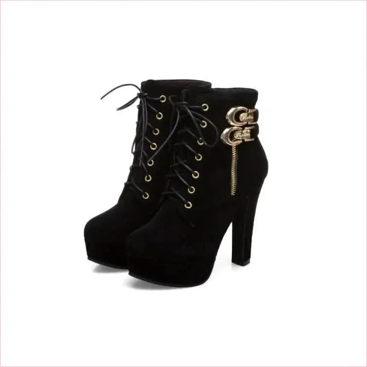 High-heeled Short Ankle Drag Boots with Gold Buckles - Pleasures and Sins