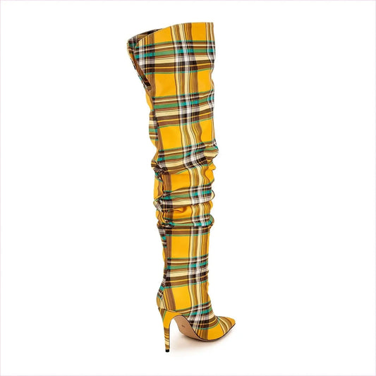 High Stiletto Heel Tartan Pattern Punk Boots in Bold Blue Yellow White - Pleasures and Sins