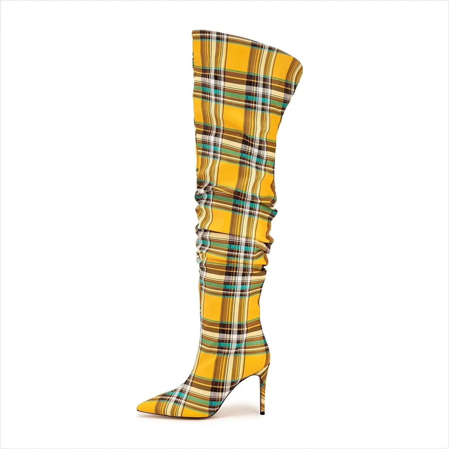 High Stiletto Heel Tartan Pattern Punk Boots in Bold Blue Yellow White - Pleasures and Sins