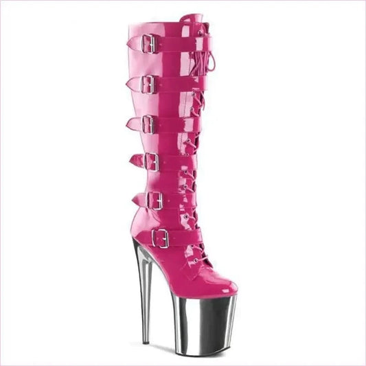 Hot Pink Patent Multi Buckle Knee Length Drag Boots with Silver Heel - Pleasures and Sins