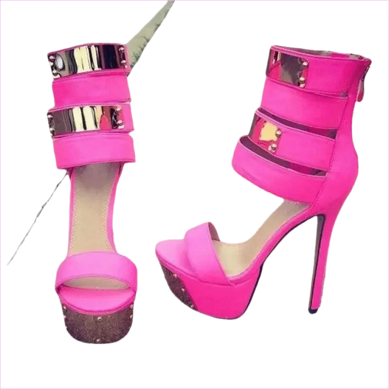 Hot Pink Studded Platform Heel Sandals with Metallic Accents - Pleasures and Sins