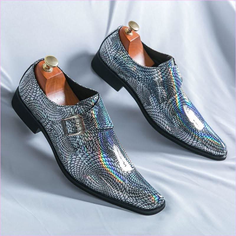 Iridescent Patent Metallic Snake Print Buckle Dress Shoes - Pleasures and Sins