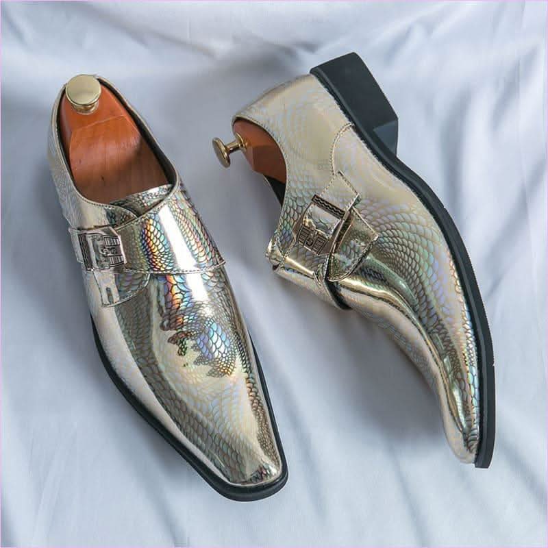 Iridescent Patent Metallic Snake Print Buckle Dress Shoes - Pleasures and Sins