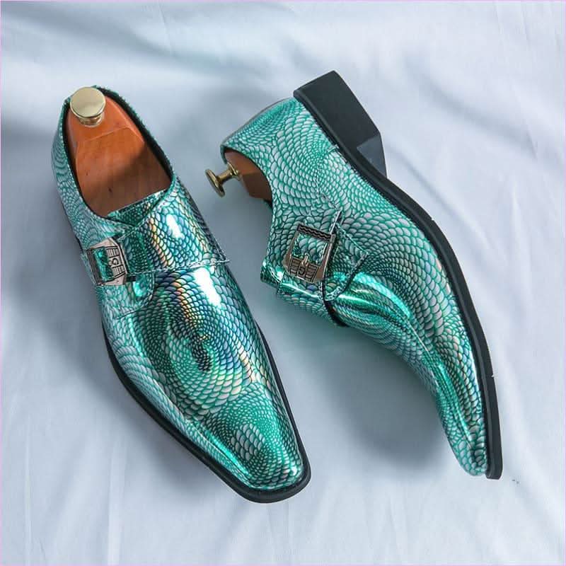 Iridescent Patent Metallic Snake Print Buckle Dress Shoes - Pleasures and Sins