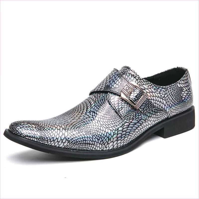 Iridescent Patent Metallic Snake Print Buckle Dress Shoes - Pleasures and Sins