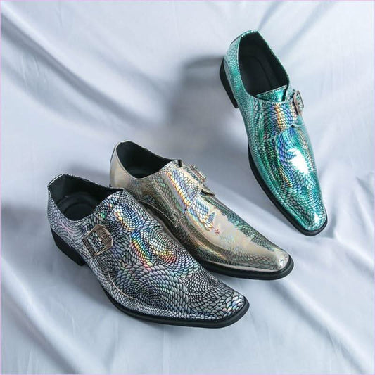 Iridescent Patent Metallic Snake Print Buckle Dress Shoes - Pleasures and Sins