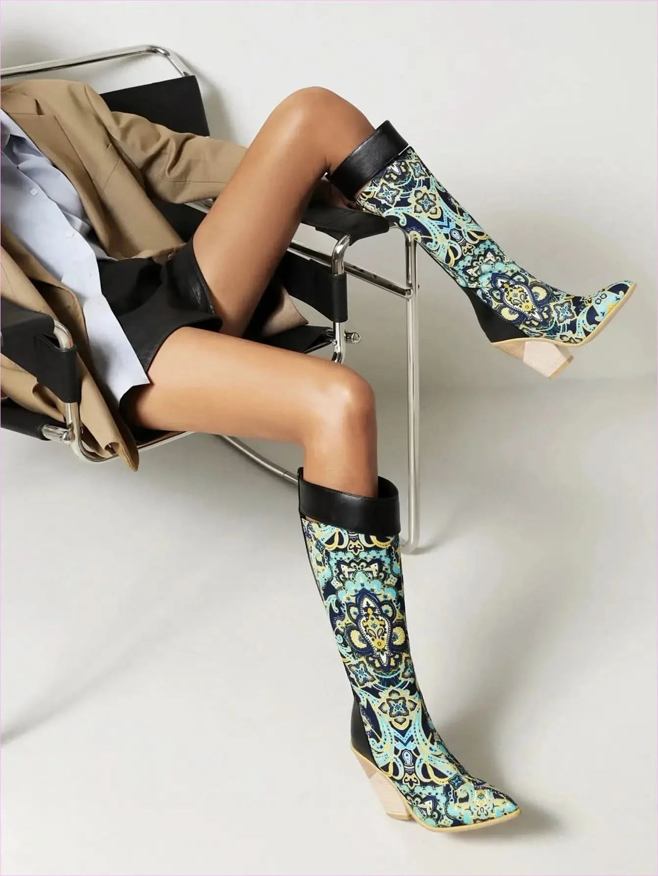 Knee-high Paisley Pattern Wedge Heel Pointed Toe Boots - Pleasures and Sins