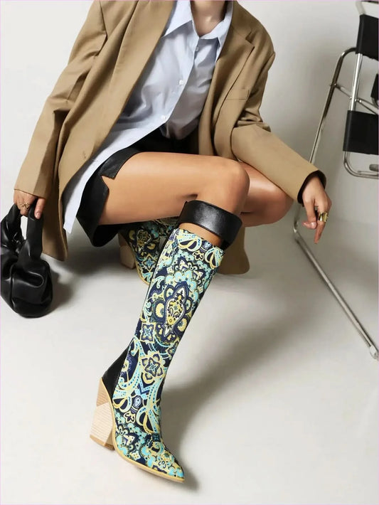 Knee-high Paisley Pattern Wedge Heel Pointed Toe Boots - Pleasures and Sins