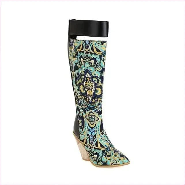Knee-high Paisley Pattern Wedge Heel Pointed Toe Boots - Pleasures and Sins