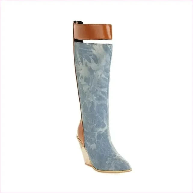Knee-high Paisley Pattern Wedge Heel Pointed Toe Boots - Pleasures and Sins
