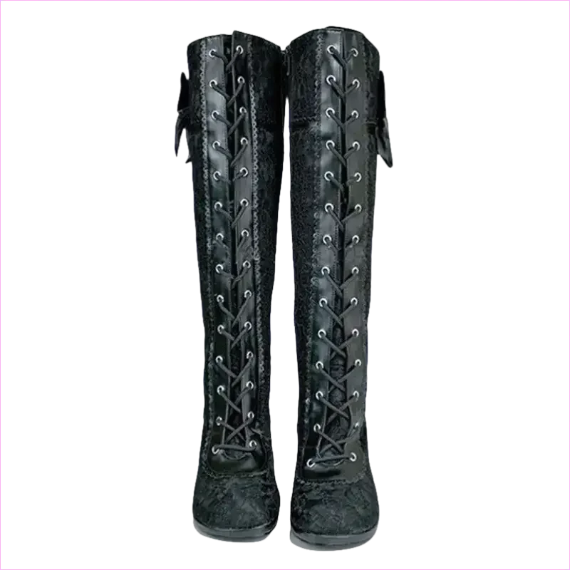 Knee High Victorian Style Boots with Bow and High Heel - Pleasures and Sins