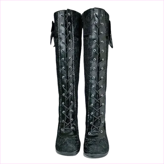 Knee High Victorian Style Boots with Bow and High Heel - Pleasures and Sins