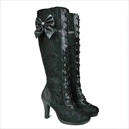 Knee High Victorian Style Boots with Bow and High Heel - Pleasures and Sins