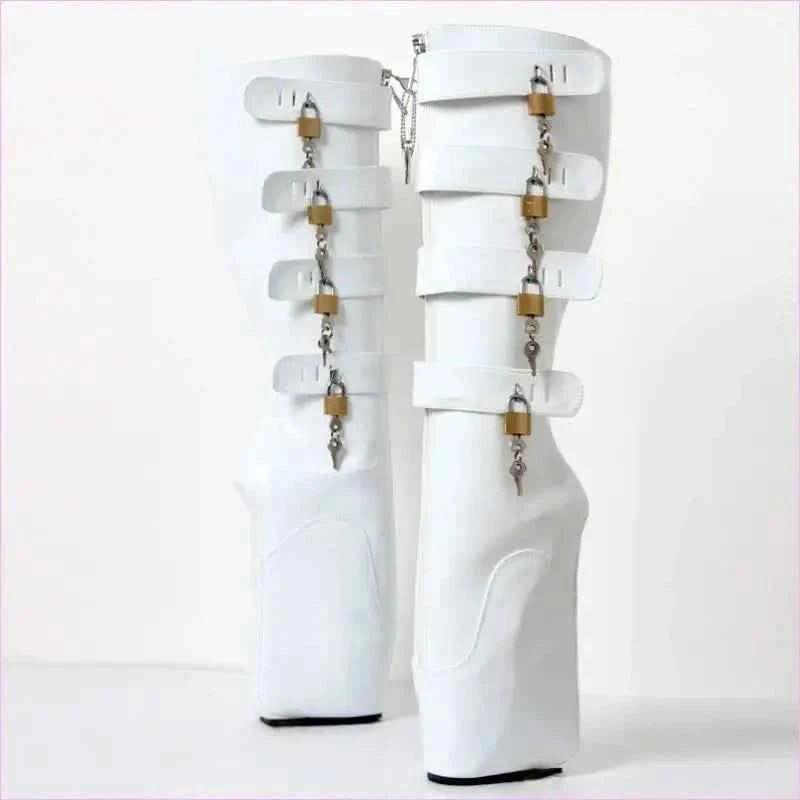 Knee Length Ballet Frontless Unisex Multi Padlock Platform Unique Boots - Pleasures and Sins
