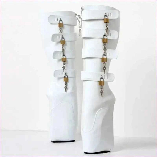 Knee Length Ballet Frontless Unisex Multi Padlock Platform Unique Boots - Pleasures and Sins