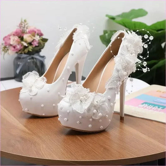 Lace Pearl Flower High Heel Wedding Shoes in White - Pleasures and Sins