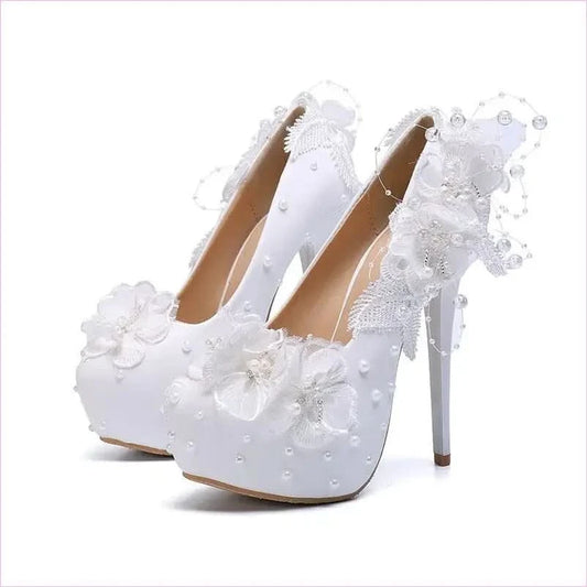 Lace Pearl Flower High Heel Wedding Shoes in White - Pleasures and Sins