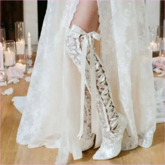 Lace Pointed Toe Knee High Victorian Style Wedding Boots in White - Pleasures and Sins