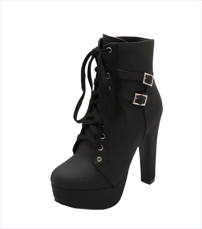 Lace Up Ankle Boots with Buckle Detail and Round Toe - Pleasures and Sins