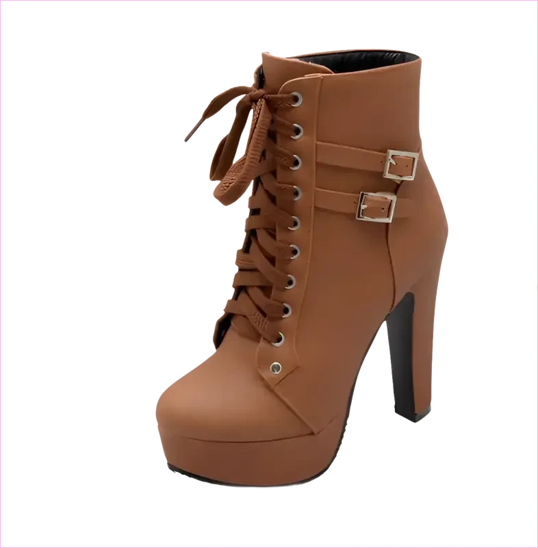 Lace Up Ankle Boots with Buckle Detail and Round Toe - Pleasures and Sins