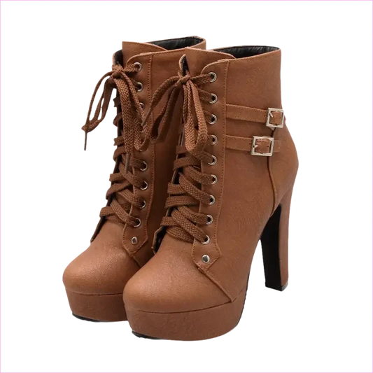 Lace Up Ankle Boots with Buckle Detail and Round Toe - Pleasures and Sins