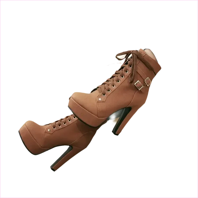 Lace Up Ankle Boots with Buckle Detail and Round Toe - Pleasures and Sins