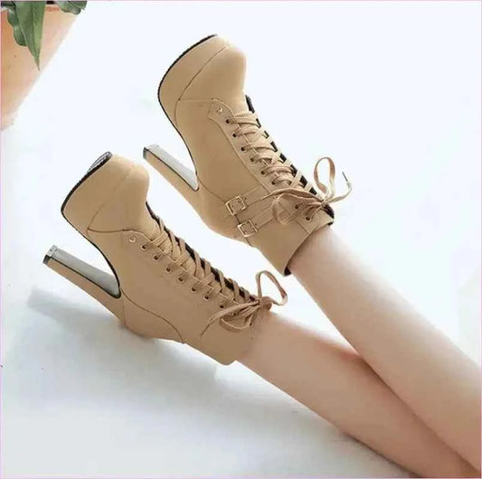 Lace Up Ankle Boots with Buckle Detail and Round Toe - Pleasures and Sins