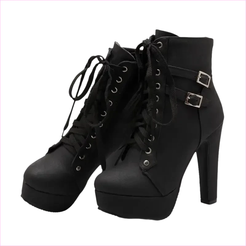 Lace Up Ankle Boots with Buckle Detail and Round Toe - Pleasures and Sins