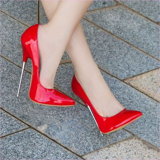 Lacquered Faux Patent Leather Pointed Toe Metal Heels from Pleasures and Sins - Pleasures and Sins