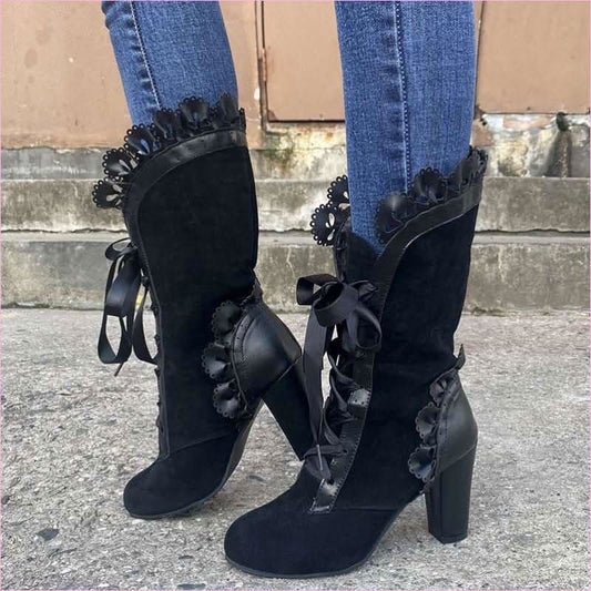 Ladies Ankle Steampunk Style Boots with Ribbon Tie Suede Detailing - Pleasures and Sins