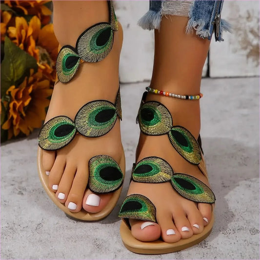 Ladies Beautiful Multicolour Circle Pattern Embroidered Flat Sandals - Pleasures and Sins