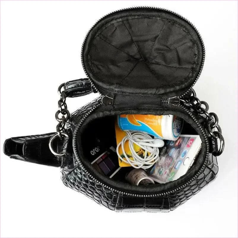 Ladies Black Teapot Shaped Shoulder Bag in Textured Leather - Pleasures and Sins