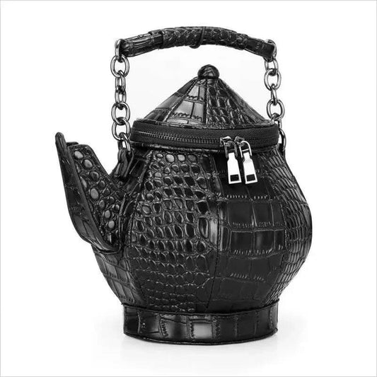 Ladies Black Teapot Shaped Shoulder Bag in Textured Leather - Pleasures and Sins