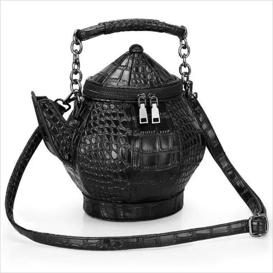 Ladies Black Teapot Shaped Shoulder Bag in Textured Leather - Pleasures and Sins