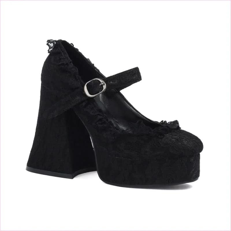 Ladies Buckle Mary Janes with Lace Covered Platform and High Heels - Pleasures and Sins