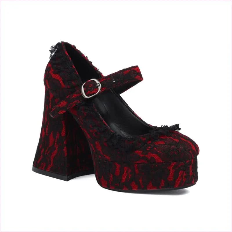 Ladies Buckle Mary Janes with Lace Covered Platform and High Heels - Pleasures and Sins