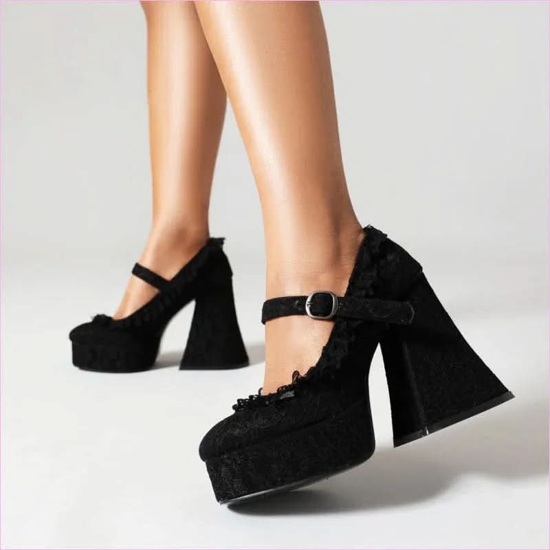 Ladies Buckle Mary Janes with Lace Covered Platform and High Heels - Pleasures and Sins