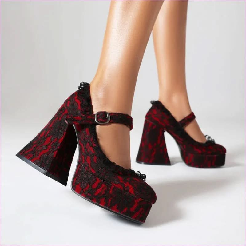 Ladies Buckle Mary Janes with Lace Covered Platform and High Heels - Pleasures and Sins