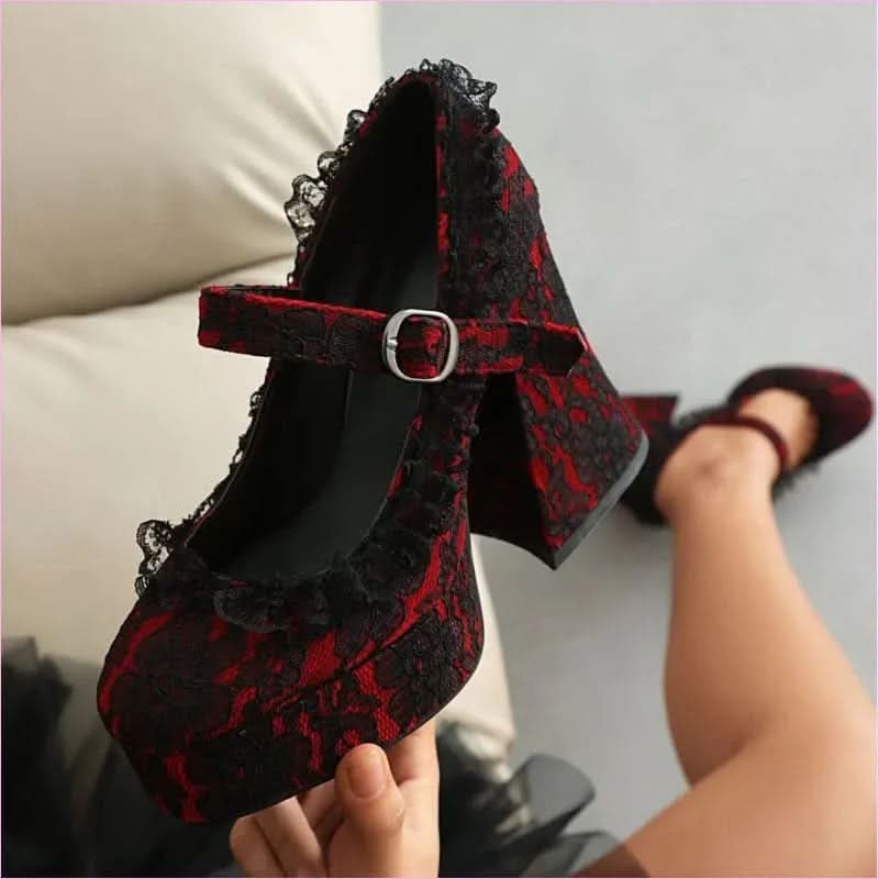 Ladies Buckle Mary Janes with Lace Covered Platform and High Heels - Pleasures and Sins