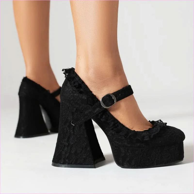 Ladies Buckle Mary Janes with Lace Covered Platform and High Heels - Pleasures and Sins