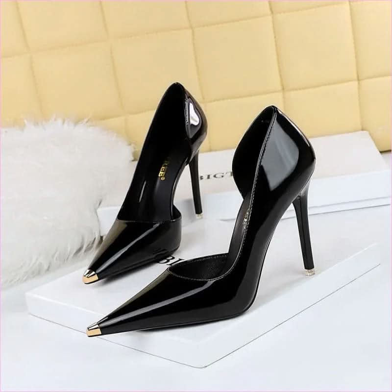 Ladies Capped Pointed Toe Patent Low-cut High Heels for Stylish Elegance - Pleasures and Sins