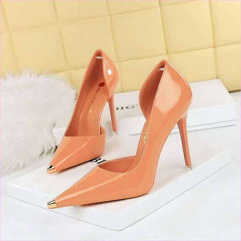 Ladies Capped Pointed Toe Patent Low-cut High Heels for Stylish Elegance - Pleasures and Sins