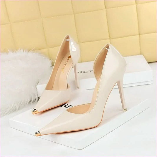 Ladies Capped Pointed Toe Patent Low-cut High Heels for Stylish Elegance - Pleasures and Sins