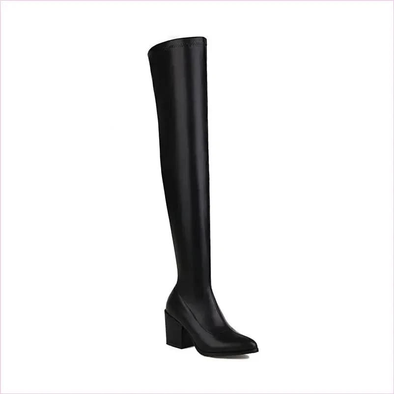 Ladies Chunky Heel Pointed Toe Thigh-high Boots - Pleasures and Sins