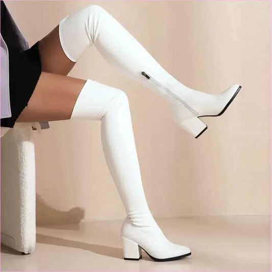 Ladies Chunky Heel Pointed Toe Thigh-high Boots - Pleasures and Sins