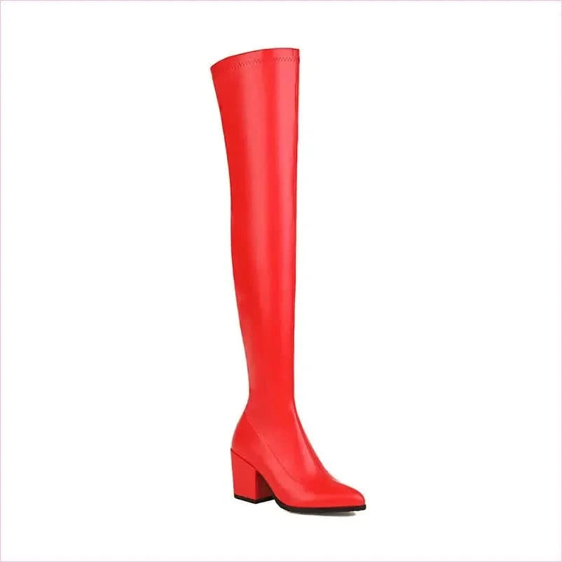 Ladies Chunky Heel Pointed Toe Thigh-high Boots - Pleasures and Sins