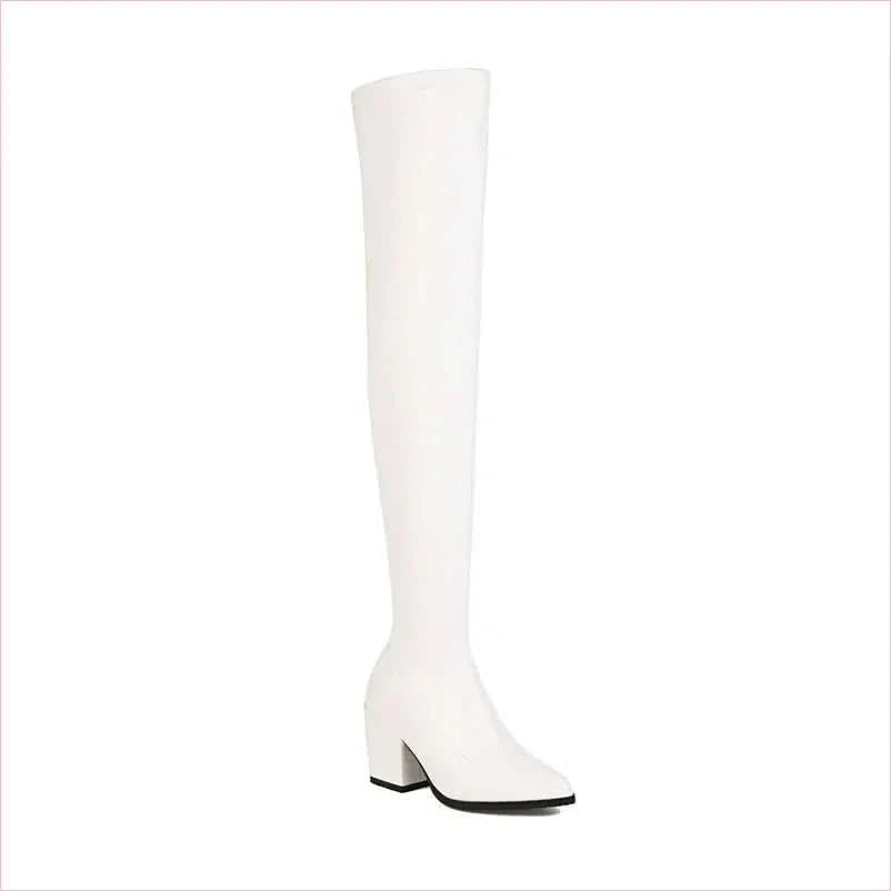 Ladies Chunky Heel Pointed Toe Thigh-high Boots - Pleasures and Sins