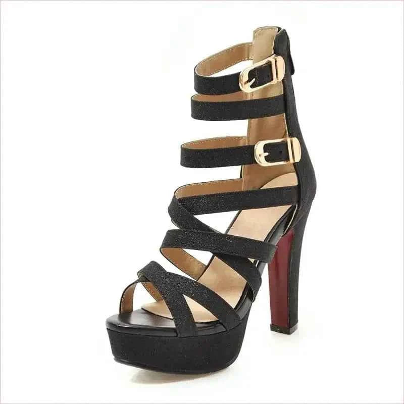 Ladies Chunky High Heel Platform Sandals with Gold Buckles - Pleasures and Sins