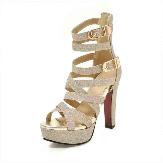 Ladies Chunky High Heel Platform Sandals with Gold Buckles - Pleasures and Sins