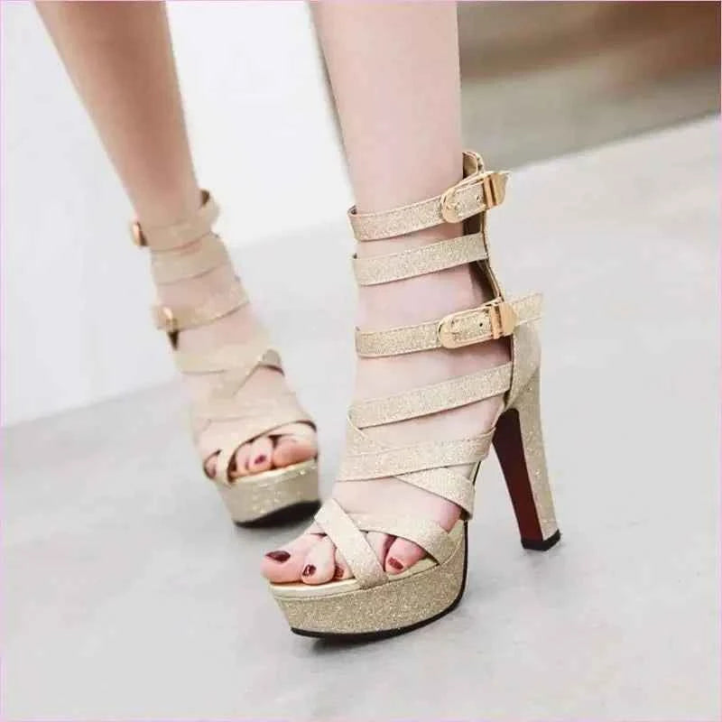 Ladies Chunky High Heel Platform Sandals with Gold Buckles - Pleasures and Sins